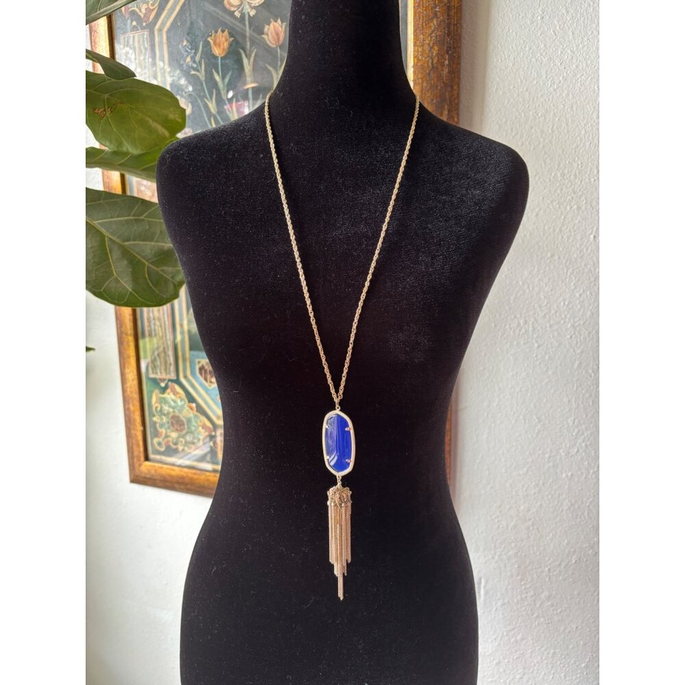Kendra Scott Rayne Gold Necklace Cobalt Blue Gemstone Oval Pendant & Tassel 30”